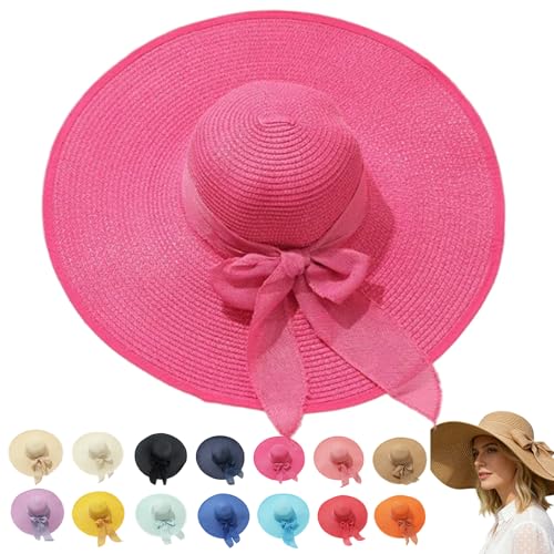 Women’s Straw Sun Hat Wide Brim Packable - Boho Beach Hat for Summer Vacation, Poolside Relaxation and Tropical Travel - color: Red2