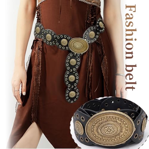 Western Chunky Wide Disc Belt for Women Boho Hollow PU Leather Waist Cowgirl Belt for Dresses Jeans with Metal Buckle - color: Black