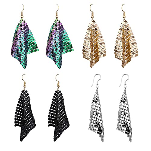 coadipress Metal Mesh Grid Sequins Tassel Long Drop Dangle Earrings for Women Trendy Lightweight Charms Disco Vintage Colorful Long Hook Earrings Bridal Wedding Jewelry - color: 4 Pairs Small Mesh