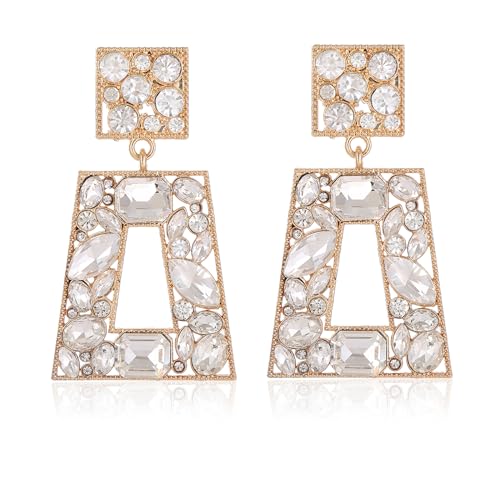 Rhinestone Rectangle Statement Earrings Colorful Crystal Geometric Drop Dangle Earrings for Women Prom Party - color: Clear