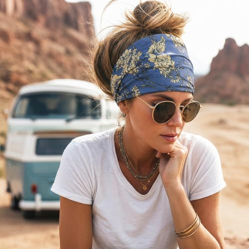 Wide Headbands for Women Non Slip Stylish Knotted Bandana Headhand Boho Head Bands African Head Wraps Yoga Workout Hair Wrap Accessories 4 Pack - color: 4 Pack Wide Headbands Flower Style 12