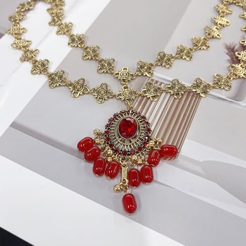Boho Headband for Women Elegant Bridal Wedding Headpiece Cubic Zirconia Vintage Jhumka Bead Tassel Festival Gold Plated Adjustable Forehead Chain Bollywood Party Accessories Jewelry (Red, Gold) - color: Red