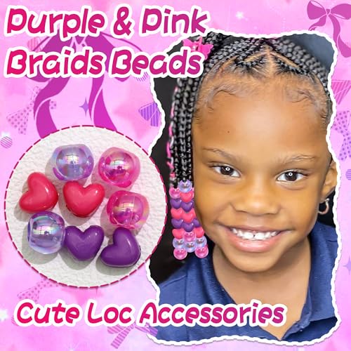 60PCS Heart Hair Beads Purple Hot Pink Loc Bead Valentine's Day Accessories Lovely AB Round Beads for Dreadlock Cute Acrylic Pony Bead for Kids Girls - color: Purple&Hot Pink