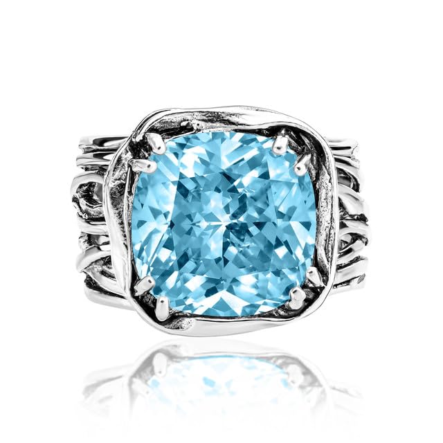 JEAN RACHEL JEWELRY 925 Sterling Silver Ring - Wrap Vintage Design with Cushion Shaped Cubic Zirconia - Hypoallergenic, Lead & Nickel Free - Artisan Handcrafted Statement Rings for Women - color: Aquamarine CZ