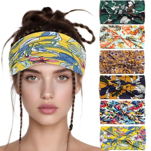 6 Pack Boho Style Women's Headbands, Non slip Fashion Wide Elastic hairband, Daily Sports Yoga Workout Women's Hair Bands,Floral Print-Yellow Green Color - color: Type 4