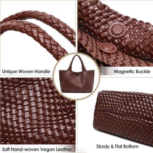 Handmade Woven Tote Bag for Women, Soft Vegan Leather Shoulder Bag with Purse, Large Travel Handbag - color: Red-brown