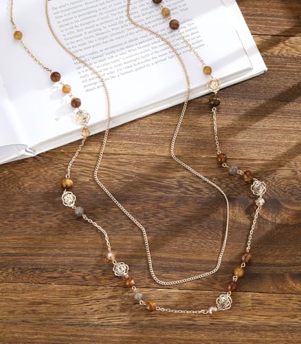 FULU AUTUMN Boho Gold Long Necklaces for Women Natural Stone Beaded Layered Long Necklace Mothers Day Gifts Dainty Flower Costume Jewelry for Women - color: Brown