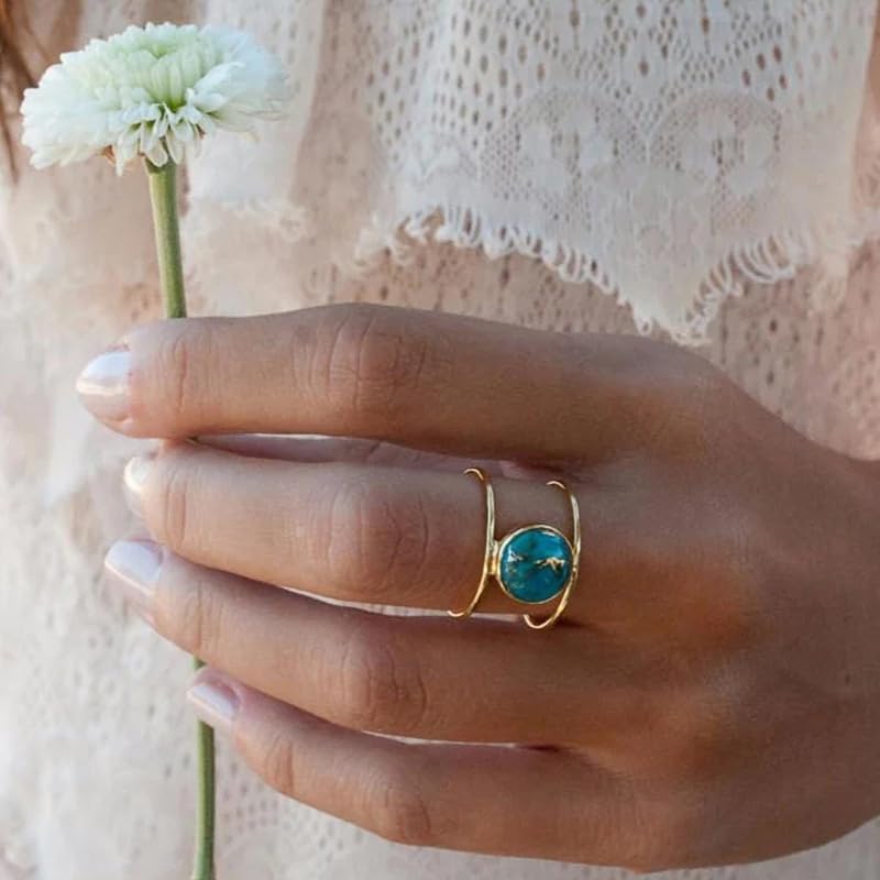 14K Gold Plated Statement Ring for Women Simulated Blue Turquoise Boho Simple Minimalist Jewelry 925 Silver Plated Gem Women's Ring Bohemian Jewelry Handmade Simple Ring G-8# - color: gold, size: 8#