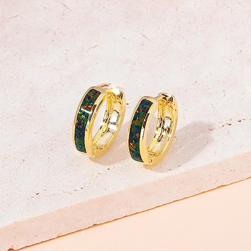 CiNily Huggie Earrings Opal Hinged Hoop Earrings Gold Plated Hypoallergenic Small Hoop Earrings for Women Teen Girls Men Sensitive Ears - color: Black Green