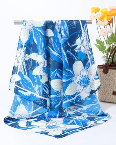 AWAYTR 27.5” Square Satin Head Scarf Hair Scarf for Women's Hair Silk Bandana for Women Silk Head Wrap for Sleeping - color: Flower (Blue)