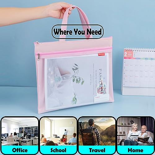 Mesh Zipper Pouch 11x13.7 in, A4 Double Pocket Waterproof File Bag with Handle, Document Storage for School/Travel/Office/Cross Stitch/Puzzle (Pink) - color: Pink