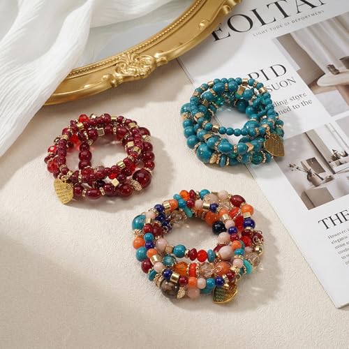Bohemian Bracelet Sets for Women - 4-Pack Stackable Stretch Bead Bracelets with Black＆White Crystal & Gold Accessories, Multi-Layer Boho Jewelry - color: 6Pack-D