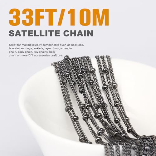 33 Feet Gunmetal Satellite Curb Chain Roll, 2mm 304 Stainless Steel Black Ball Beaded Twisted Link Chains Spool Bulk for Jewelry Making DIY Craft - color: Black Small Beads Satellite Curb Chain
