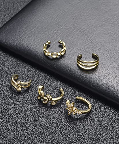 Tornito 4-10 Pairs Stainless Steel Ear Cuff Helix Cartilage Clip On Wrap Earrings Fake Nose Ring Non-Piercing Adjustable - color: A6:10Pairs, Gold Tone