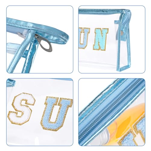 Clear Preppy Patch Makeup Bag, Sun Chenille Letter Bag for Beach, Pouch With Zipper, Travel Cosmetic Toiletry Bag for Women Girls Teens (Blue) - color: Blue
