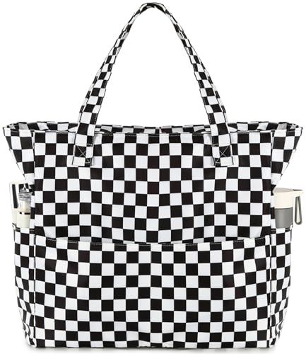Bluboon Waterproof Beach Tote Pool Bags for Women Ladies Extra Large Carry On Bag With Wet Compartment for Weekender Travel - color: Checked Black White