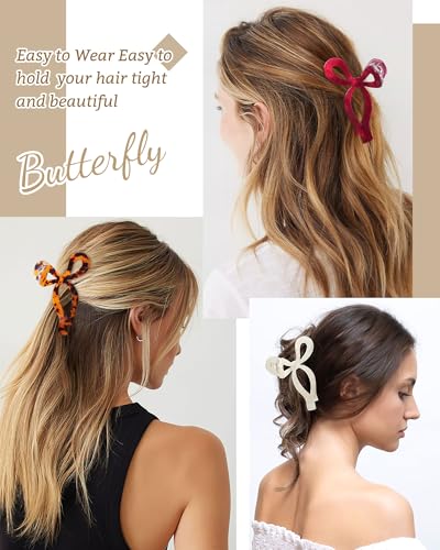 Mesovor 4 Pack Elegant Bow Hair Claw Clips, Nonslip 4.3" Large Hair Grip Hairclips for Thin and Thick | Acrylic Hair Strong Hold Hair Jaw Clamps (Cherry Red, Beige, Leopard) - color: Cherry Red, Beige, Leopard