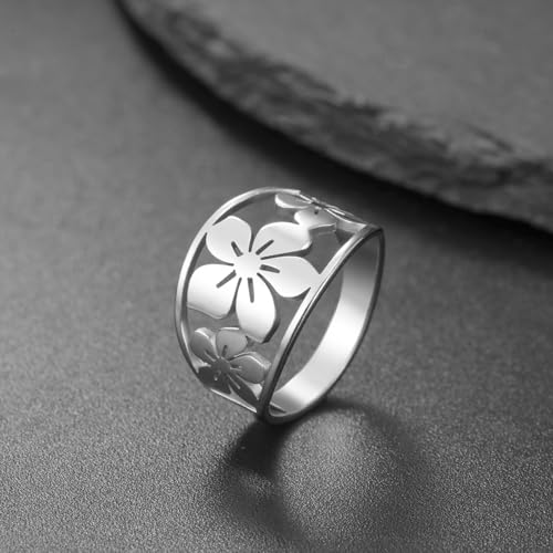 TEAMER Bohemian Hollow Flower Ring Stainless Steel Rhinestone Flower Ring Wedding Band Ring Exquisite Jewelry for Women - color: Silver