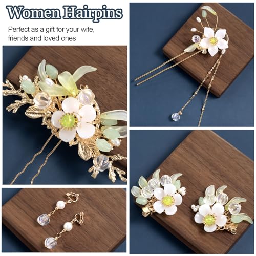 HINZIC 6PCS Lily Flower Tassels Hairpin, Crystal Rhinestone Pearl Hair Clips Headpiece Retro Chinese Hanfu Wedding Brides Valentines Hair Accessories Jewelry for Women Girls Updo Long Hair - color: Solid color