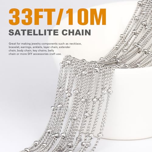 33 Feet Stainless Steel Satellite Curb Chain Roll, 2mm 304 Stainless Steel Ball Beaded Twisted Link Chains Spool Bulk for Jewelry Making DIY Craft - color: Stainless Steel Small Beads Satellite Curb Chain