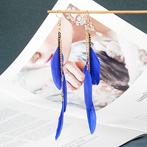 coadipress Boho Piercing Tassel Feather Long Chain Earrings Retro Lightweight Native Feather Dangle Drop Earrings for Women Bohemian Handmade Natural Feathers Earring Jewelry - color: Gem Blue