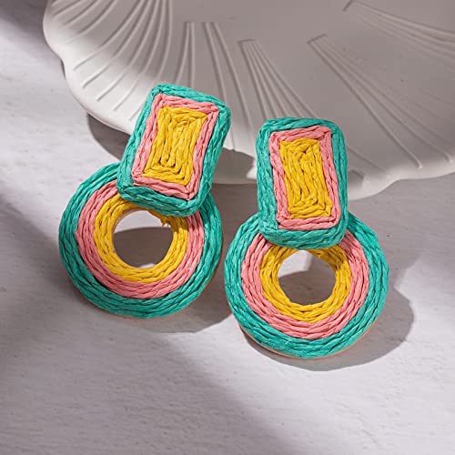 Statement Raffia Earrings Cute Boho Earrings Rattan Dangle Earrings Handmade Straw Wrap Earrings Summer Drop Dangling Earrings for Women Teen Girls - color: Teal/Pink/Yellow