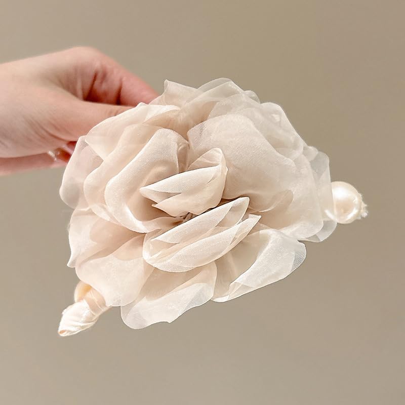 Large Chiffon Rose Flower Hair Claw Clips Boho Mesh Floral Hair Pins Barrettes Strong Hold Non-Slip Beach Vacation Hair Accessories for Women (White Large Chiffon Claw with Pearl) - color: White Large Chiffon Claw with Pearl