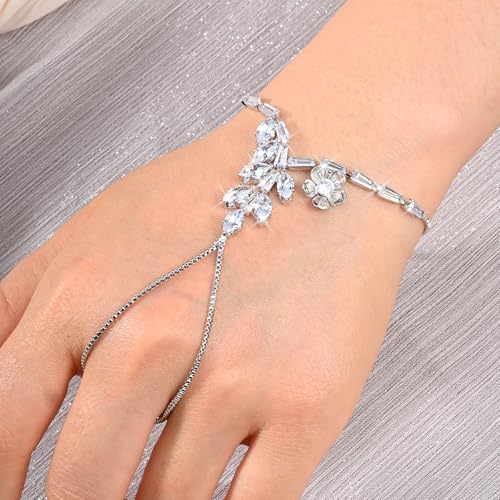 Adjustable Hand Chain Bracelet Women, 16K Gold Plated Finger Bracelet, Secure Ball Clasp Elegant Slave Hand Jewelry, Y2K Aesthetic Accessories for Summer Festival Prom Beach Vacation Daily Wear - color: style5-16K silver-plated