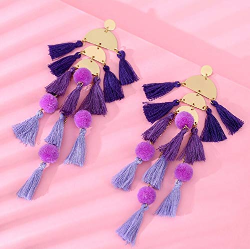 Long Tassel Earrings for Women Colorful Fringe Drop Dangle Earrings Bohemian Hawaiian Summer Beach Jewelry for Womens Vacation Outfits - color: Purple