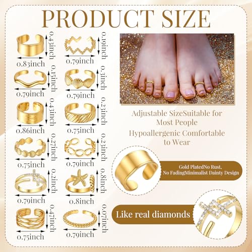 Liliaafar 12 Pcs Gold Open Toe Rings Set for Women High Color Retention Adjustable Toe Band Knuckle Ring Summer Beach Party Foot Jewelry