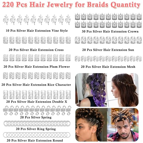 Lucomb 220 Pcs Silver Hair Jewelry for Braids, Loc Jewelry for Hairs Dreadlock, Hairs Charms for Women, Metal Braid Rings Cuffs Clips for Dreadlock Accessories Hair Braids Accessories Decorations - color: Silver