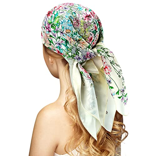 Stlvoll 100% Silk Head Scarf for Women - 27" Hair Scarves Satin Bandanas Square for Night Sleeping with Gift Packed - color: White/Flower