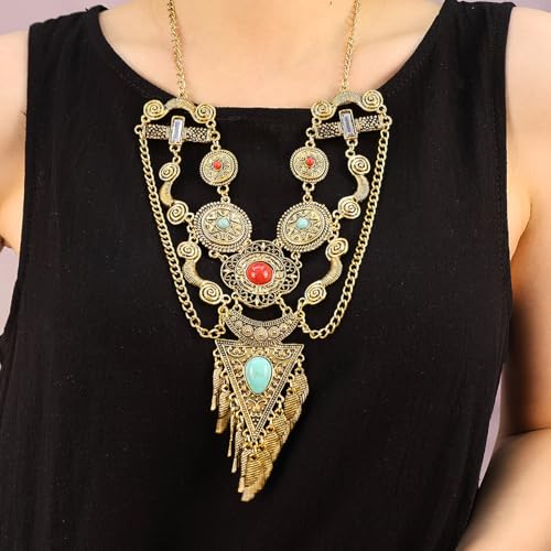 Bethynas Bohemian Ethnic Tribal Chunky Necklace Multilayer Long Tassel Turquoise Statement Neck Chain Retro Coin Gemstone Exaggerated Costume Accessories for Women - color: B-Gold