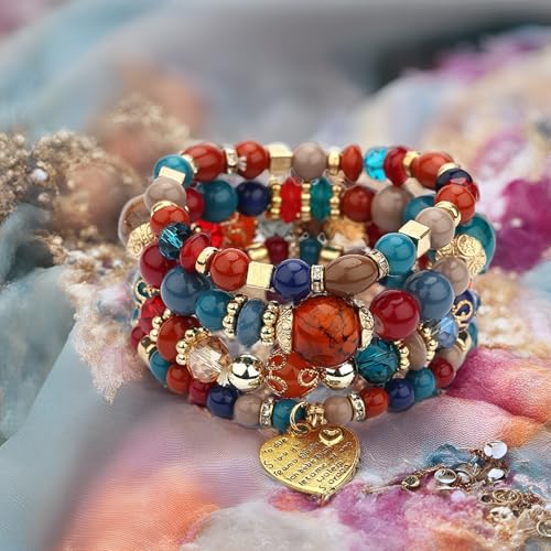 Women Beaded Bracelet Set | Colorful Boho Stackable Trendy Design with Crystal Accents Multilayer Bangle Bracelet | Fashion Stretch Braclets Jewelry for Women - color: Red