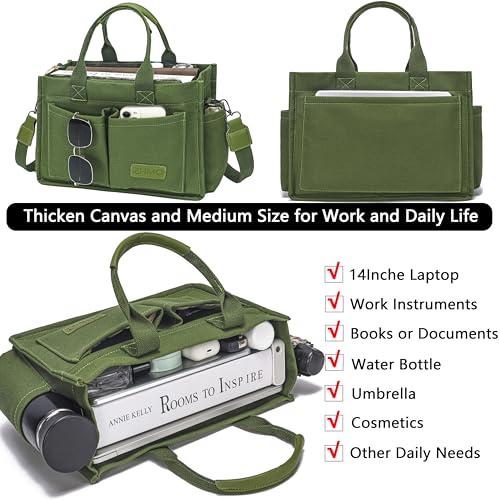 ZHMO Canvas Tote Bag for Women,Women's Bags Crossbody Bags Work Laptop Tote Bag Large Handbags Purse for Travel Nurse Teacher - color: New Upgrade Army Green With Compartments and Side Cup Holders