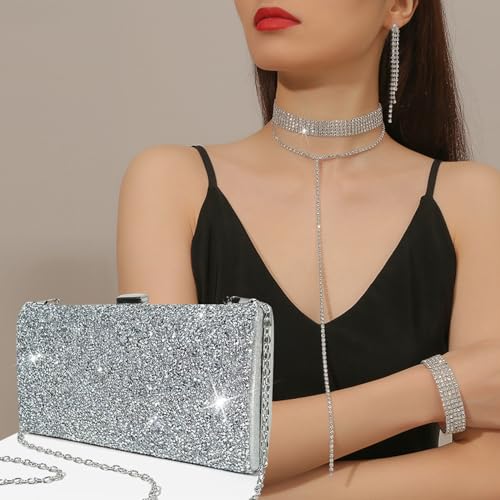 EIELO Rhinestone Jewelry Set for Women Wedding Bridal Triangle Clutch Bag Silvery Clutch Purse Glitter Choker Necklace Tennis Stretch Bracelets Ring Dangle Fringe Earrings Set - style: Sequins Handbag