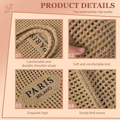 Ayieyill Crochet Tote Bag For Women, Crochet Mesh Beach Tote Bag Summer Vacation Aesthetic Boho Knit Bag for Women - color: G/Brown