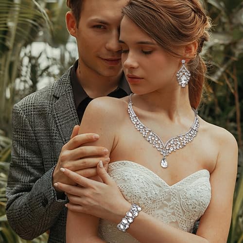 IRONBOX Crystal Wedding Bridal Jewelry Set for Women Prom Sliver Rhinestone Teardrop Necklace Earrings Bracelet Wedding Bridesmaid Gifts Fit with Wedding Dress
