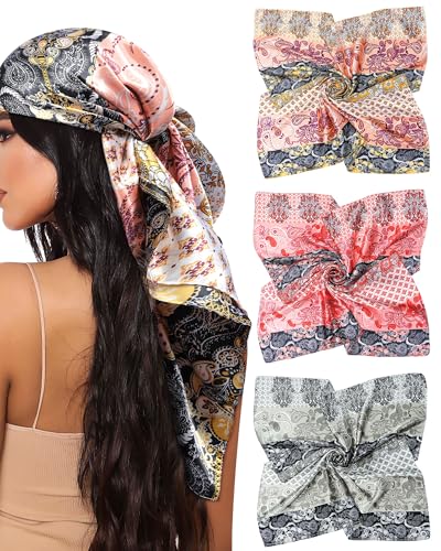 Mesovor 35” Square Head Scarf for Women, 3 Pack Like Silk Satin Headscarf Hair Neck Scarf Top Bandanas for Sleeping - color: Cashew(red/Orange Pink/Gray)
