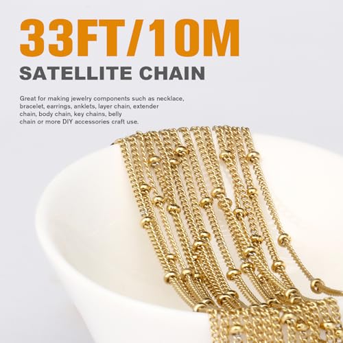 33 Feet Gold Satellite Curb Chain Roll, 2mm 18K Gold PVD Plated 304 Stainless Steel Ball Beaded Twisted Link Chains Spool Bulk for Jewelry Making DIY Craft - color: Gold Small Beads Satellite Curb Chain