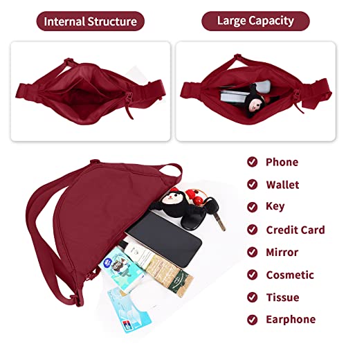Nylon Crescent Crossbody Bag for Women Purses Trendy Men,Small Travel Sling Bag Hobo - color: Wine Red, size: Small