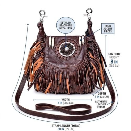 Women’s Genuine Leather Crossbody Belt Bag with Fur Fringe, Braided Bead Handcrafted Design, Clip-On Hip Fanny Pack with Jeans Loop, (J2400LB, Brown) - color: J2400LB-Brown