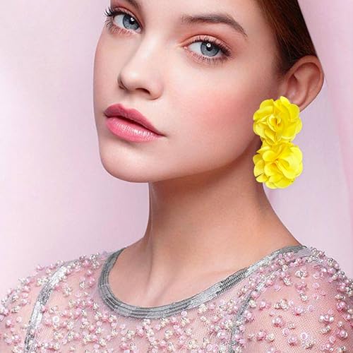 Oversized Fabric Flower Earrings for Women Statement Boho Chic Dangle Drop Earrings for Parties Weddings or Everyday Wear - color: Yellow