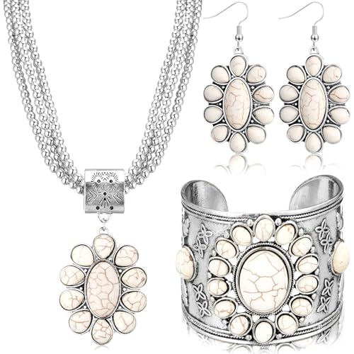 Inbagi 3 Pcs Boho Western Jewelry for Women Turquoise Jewelry Set Vintage Earrings Bracelet Western Bohemian Necklace for Women Cowboy Cowgirls - style: White Turquoise