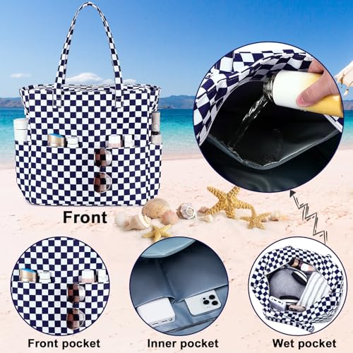 Bluboon Waterproof Beach Tote Pool Bags for Women Ladies Extra Large Carry On Bag With Wet Compartment for Weekender Travel - color: Dark Blue White Checkered