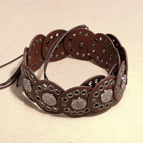 Women Western Disc Belt Boho Disk Concho Leather Belts Adjustable Knot Tie Waist Belts for Dresses - color: Brown