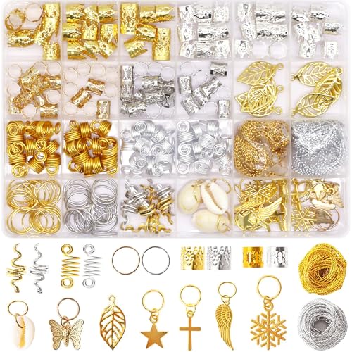 SVNMU 230 Pcs Hair Jewelry for Braids Dreadlock Locs Gold and Silver Metal Hair Clips Accessories for Women,Adjustable Hair Cuff Shells Butterfly Star Snowflake Charms Decoration - color: Gold & Sliver