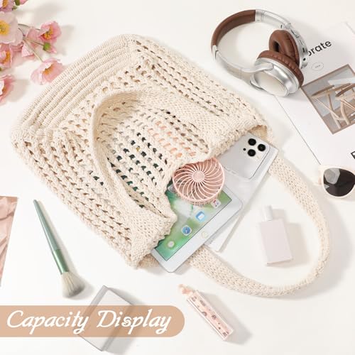 Tavaleu Crochet Tote Beach Bags for Women, Mesh Beach Tote Knit Bag, Summer Vacation Aesthetic Boho Hobo Shoulder Bag - color: Light Buff