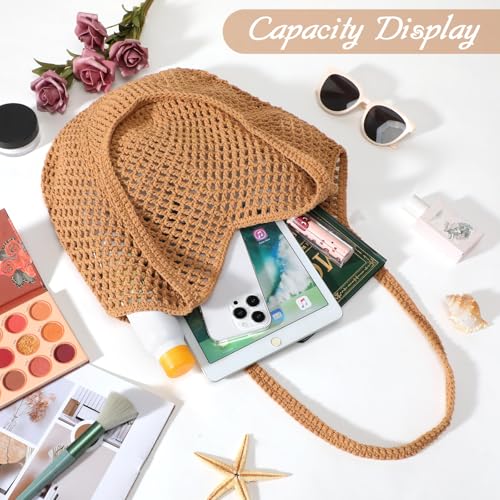 Tavaleu Crochet Tote Beach Bags for Women, Mesh Beach Tote Knit Bag, Summer Vacation Aesthetic Boho Hobo Shoulder Bag - color: Khaki - Mesh Crochet
