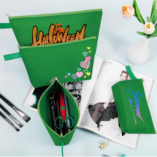 10 Pieces Cotton Canvas Makeup Bag with Bottom and Strap, Multi-Purpose Cosmetic Bag with Zipper Travel Toiletry Pouch, Blank DIY Craft Bag (Green, XS) - color: Green, size: XS